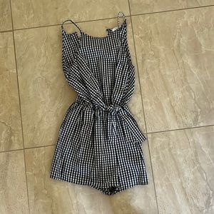 Black Gingham Romper with Tie at Waist